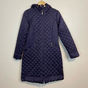 Ellen Tracy Duck Down Quilted Long Coat with Hood Navy Small
